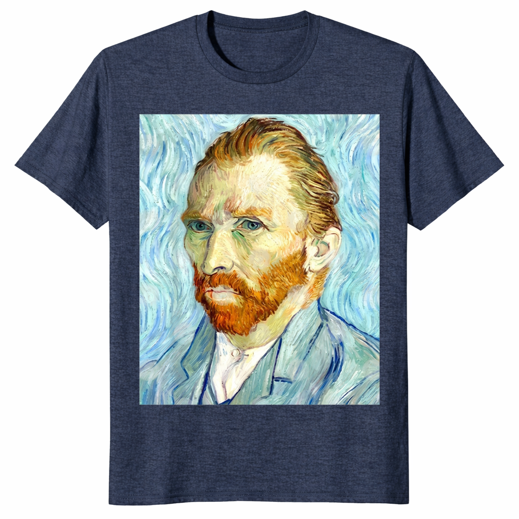 Classic art tee with Van Gogh self portrait shown in front and lifestyle view