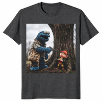 Cookie Monster robbing Keebler Elf tree shirt in dark heather grey
