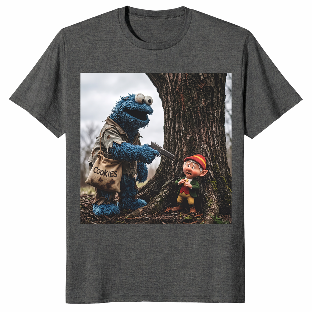 Cookie Monster robbing Keebler Elf tree shirt in dark heather