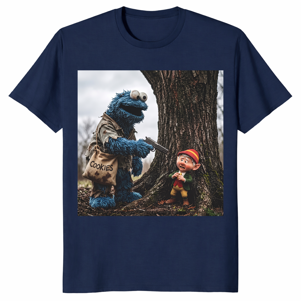 Cookie Monster robbing Keebler Elf tree shirt in navy