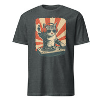 Cool DJ Cat Shirt in dark heather with trendy cat DJ design by Cuccico