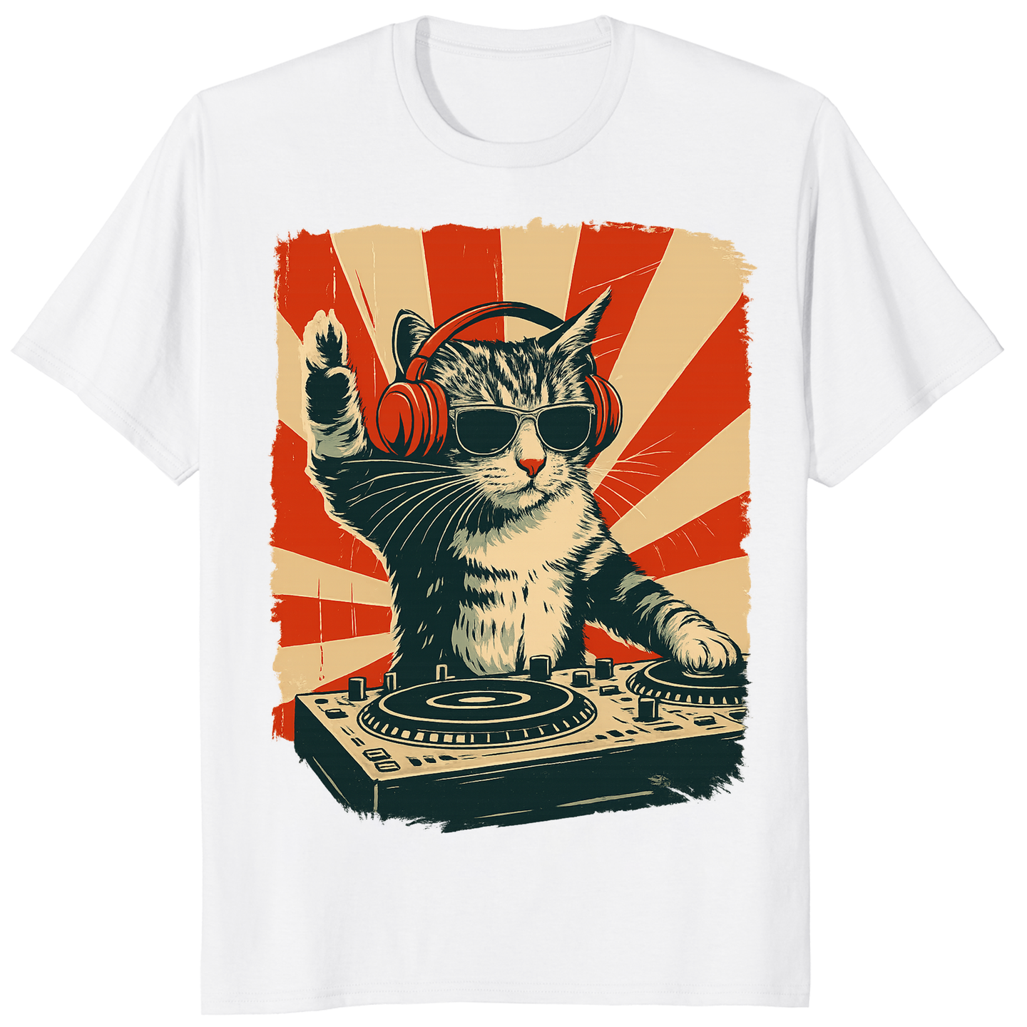 Cool DJ Cat Shirt in white with stylish DJ cat kitty print by Cuccico