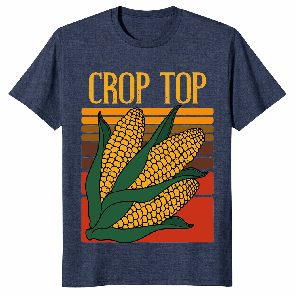 Corn crop top shirt in heather navy funny pun graphic tee