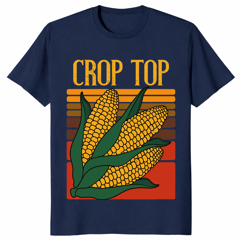 Corn crop top shirt in navy funny corn pun graphic tee
