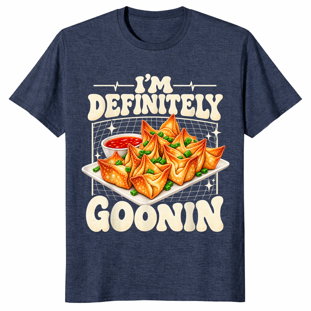 Heather navy foodie t-shirt with a crab rangoon platter