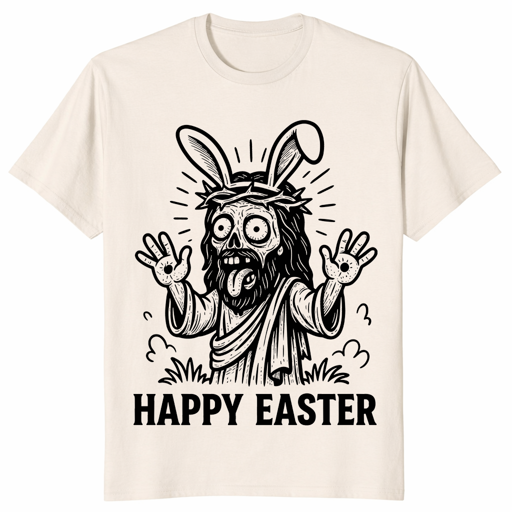 Creepy bunny graphic tee for Easter with bold black and white artwork