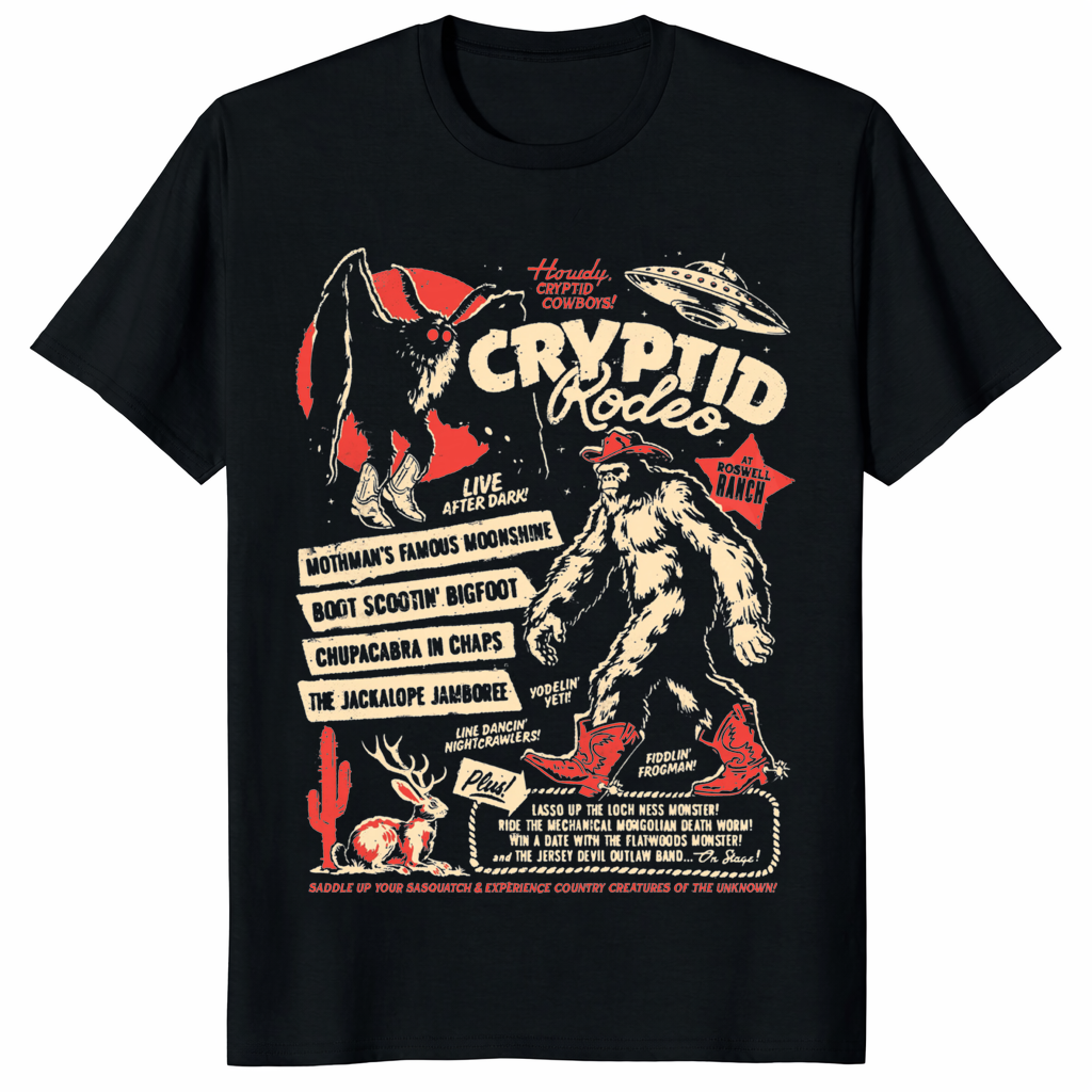 Cryptid Rodeo Shirt featuring cryptid cowboy artwork
