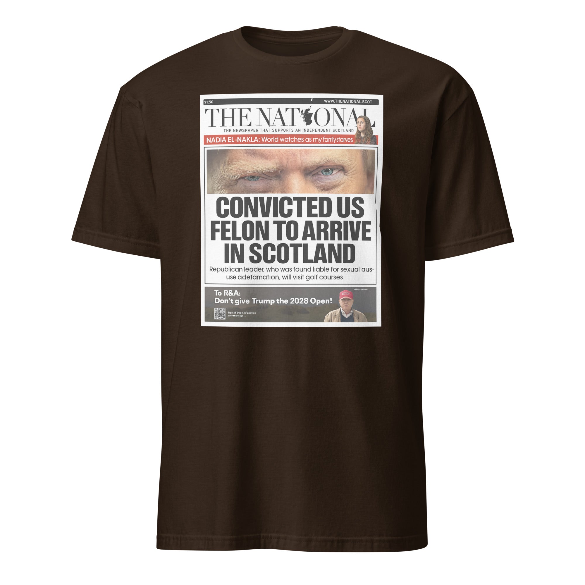 Cuccico Convicted US Felon to Arrive in Scotland T-shirt in dark chocolate