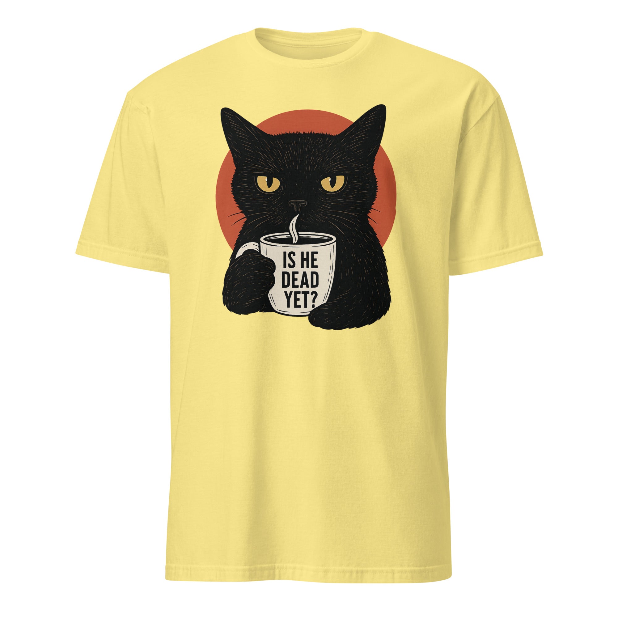 Cuccico Black Cat Is He Dead Yet Shirt in Cornsilk Yellow Anti Trump Tee