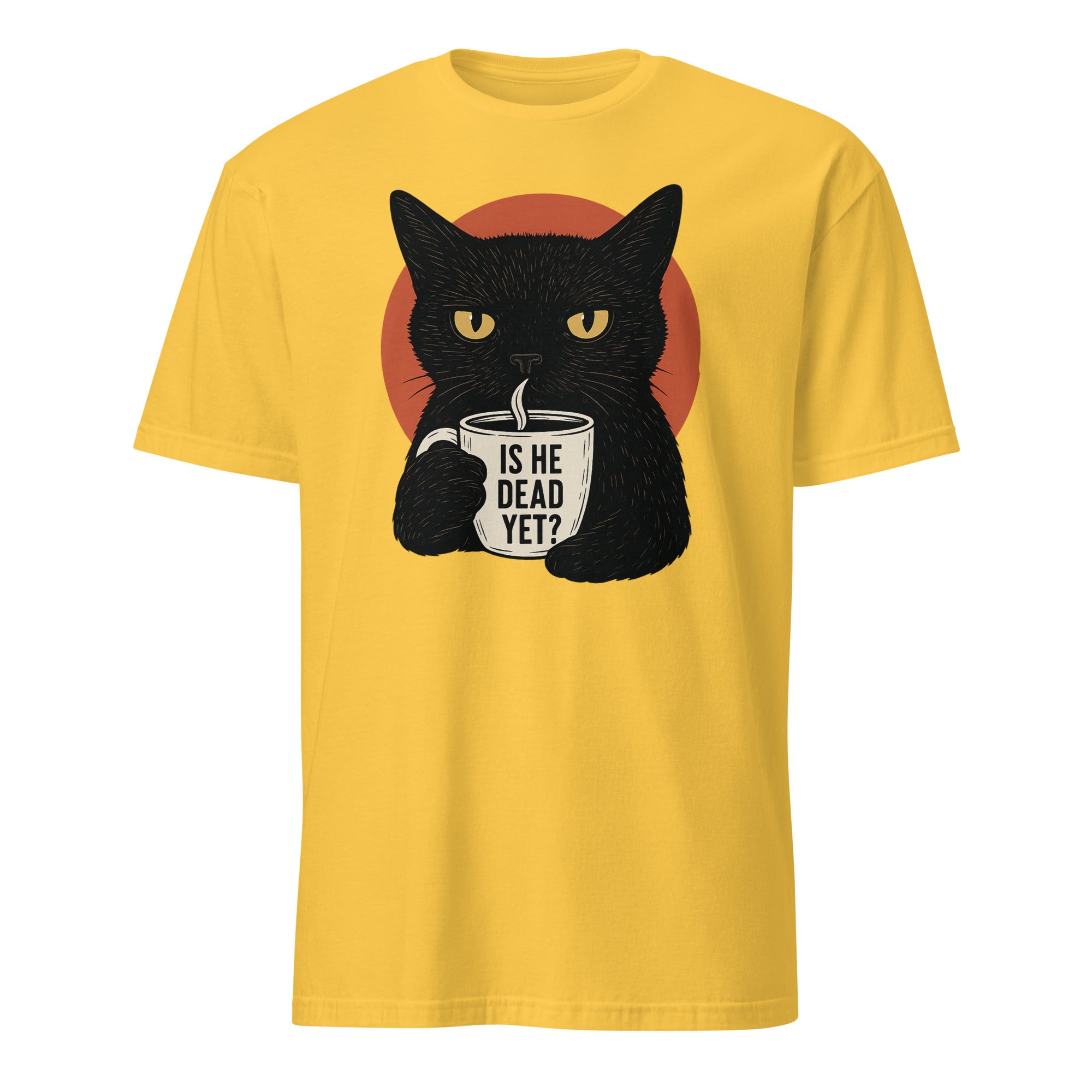 Cuccico Black Cat Is He Dead Yet Shirt in Daisy Yellow Anti Trump Protest Tee