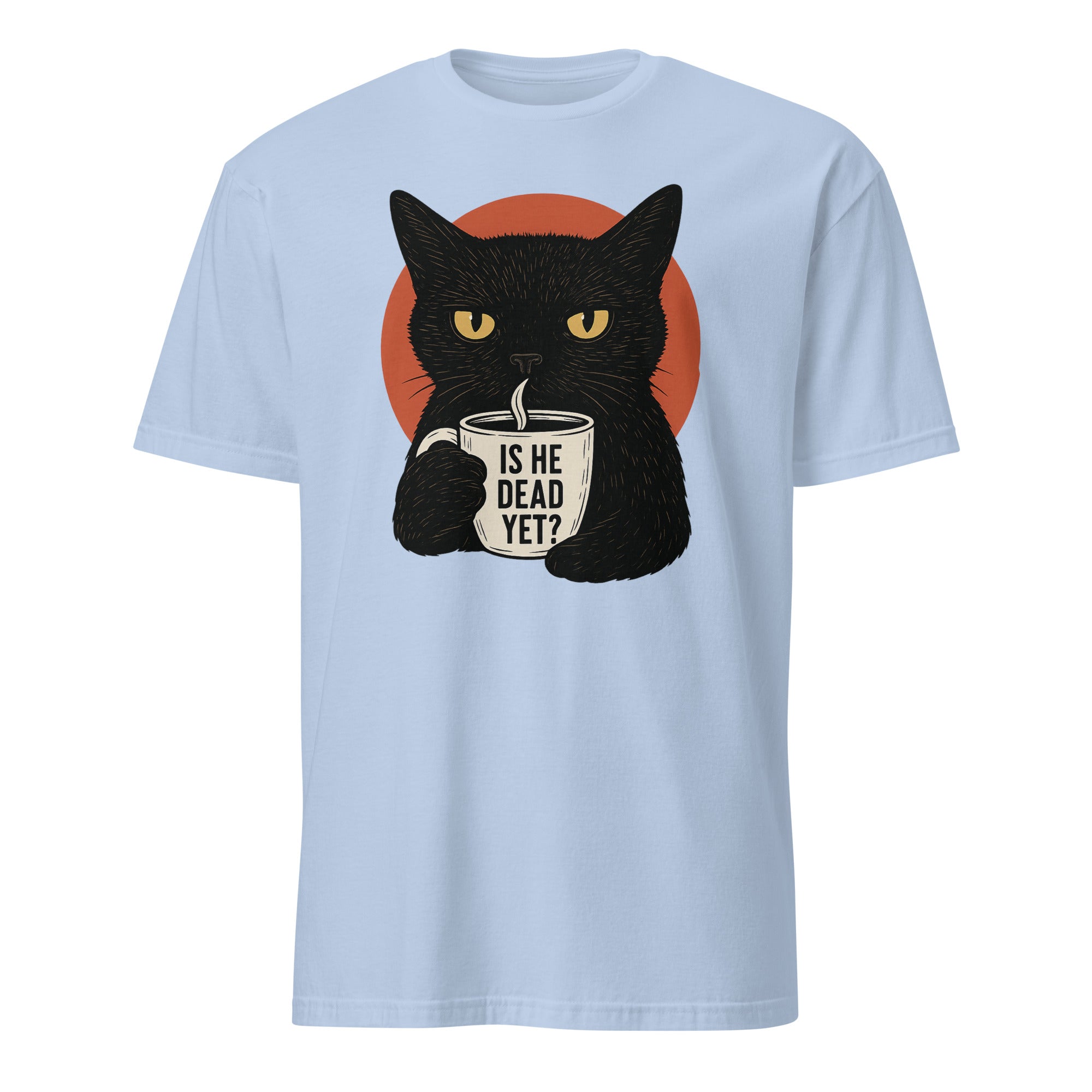 Cuccico Black Cat Is He Dead Yet Shirt in Light Blue Political Protest Shirt
