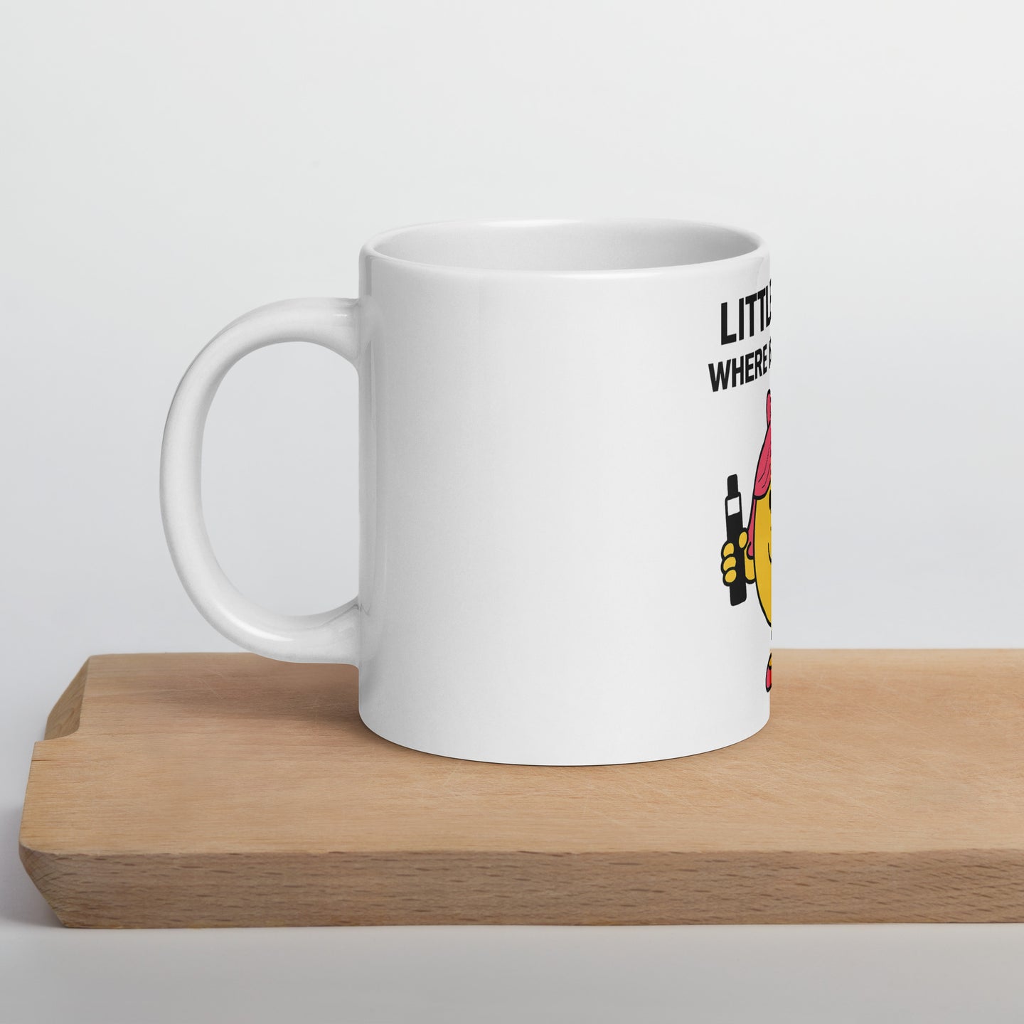 Little Miss Where Is My Vape mug by Cuccico featuring a cartoon character holding a vape, bold meme-style text, funny gift for vapers and coffee lovers