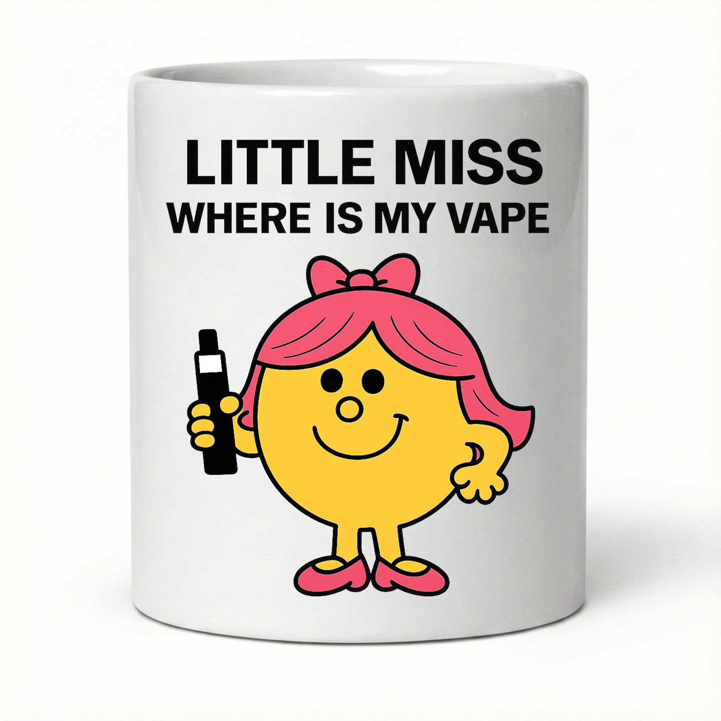 Little Miss Where Is My Vape mug by Cuccico featuring a cartoon character holding a vape, bold meme-style text, funny gift for vapers and coffee lovers