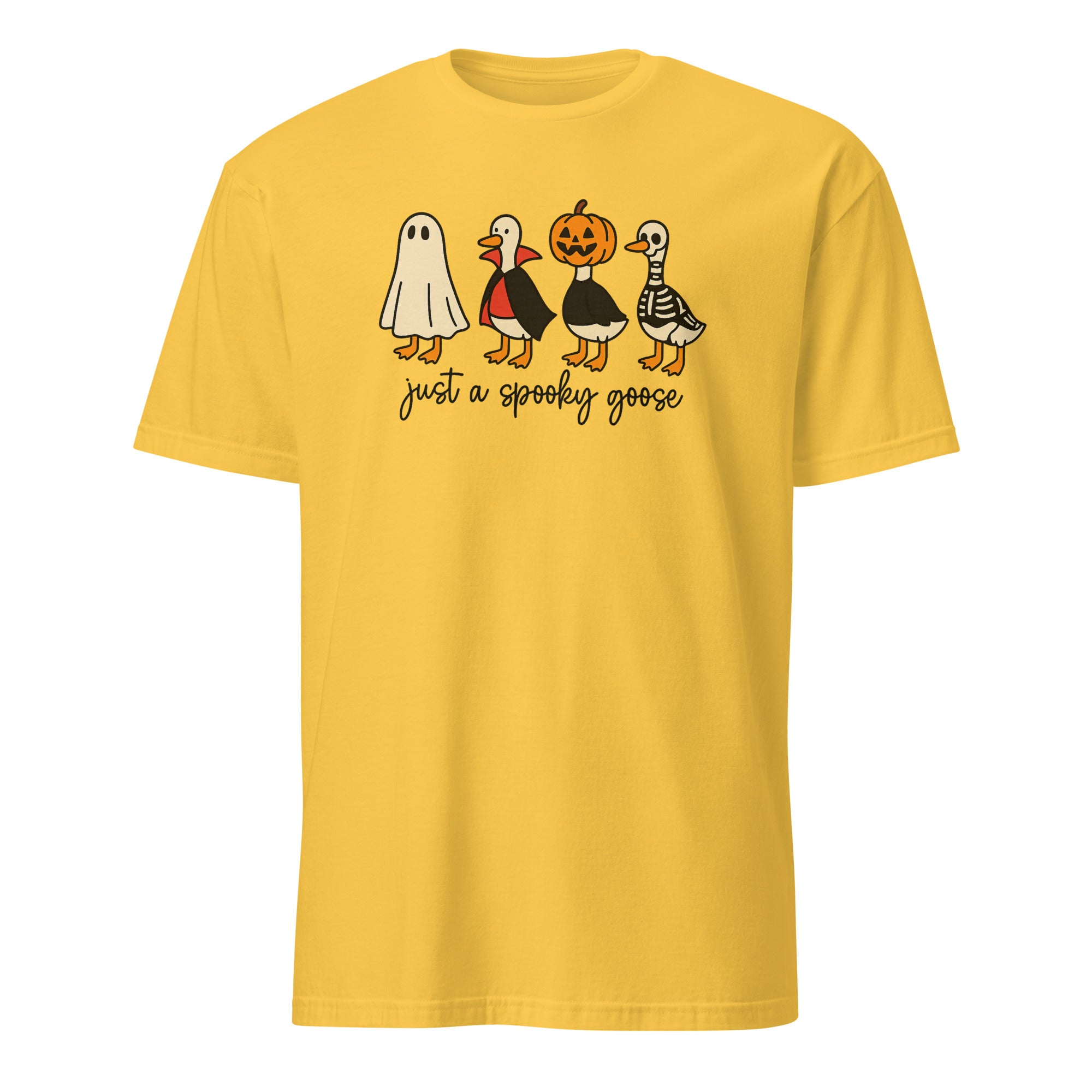 Cuccico Cute Horror Spooky Goose tee in daisy yellow with playful Goose Halloween Sublimation design