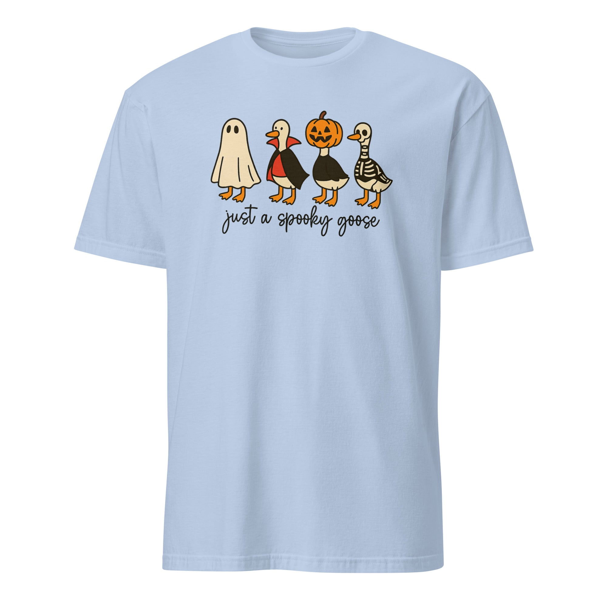 Cuccico Spooky Goose graphic tee in light blue with Goose in Halloween Costumes Sublimation design