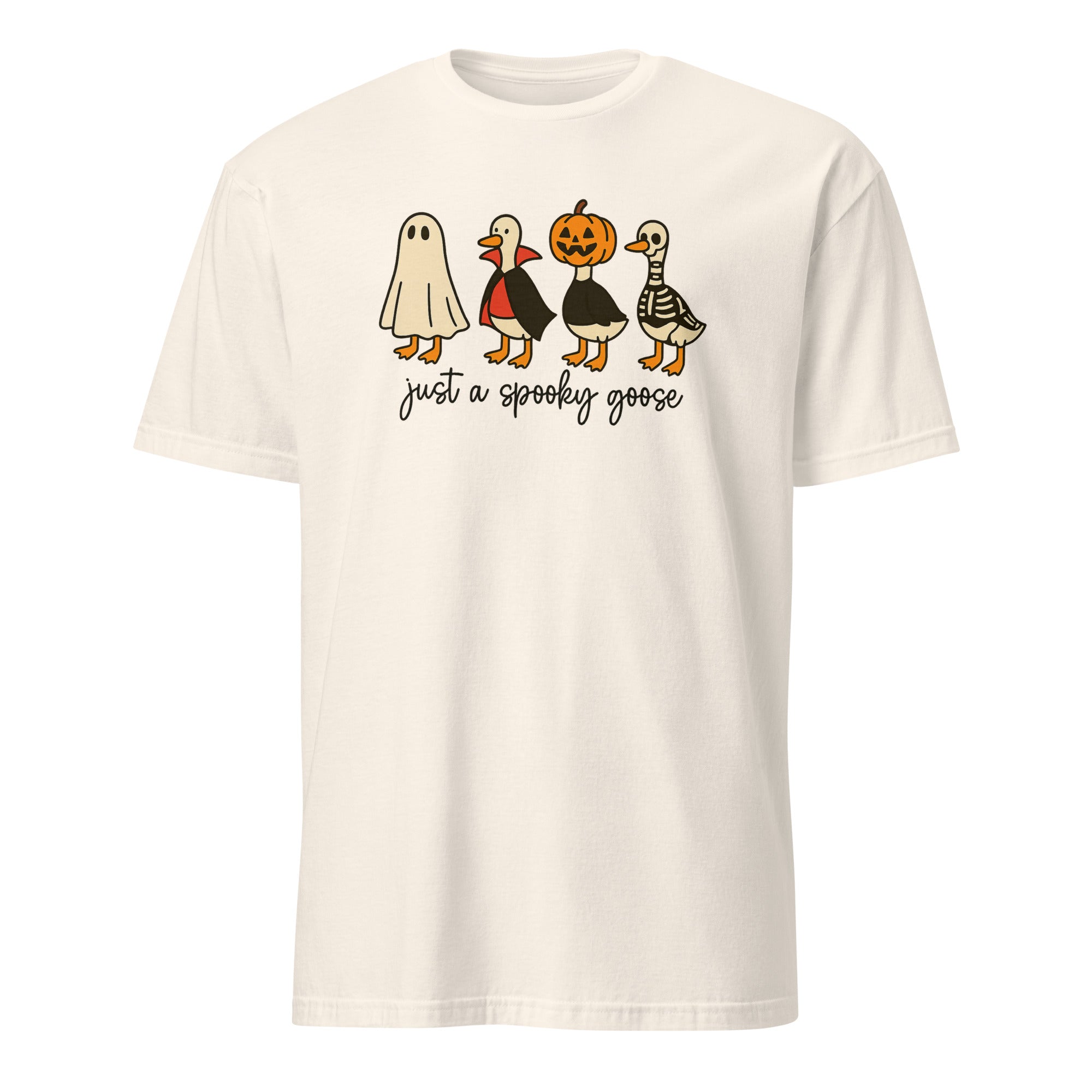 Cuccico Just a Spooky Goose Halloween tee in natural tone with Cute Horror Goose in Halloween Costumes Sublimation graphic
