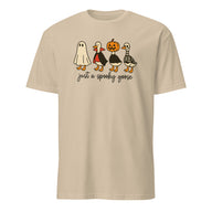 Cuccico Just a Spooky Goose shirt in sand color, featuring Goose in Halloween Costumes Sublimation print