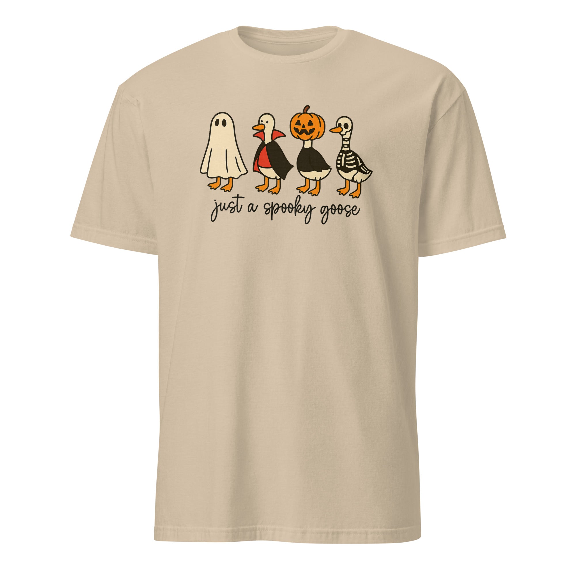 Cuccico Just a Spooky Goose shirt in sand color, featuring Goose in Halloween Costumes Sublimation print