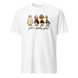 Cuccico Just a Spooky Goose graphic tee in white with Cute Horror Goose in Halloween Costumes Sublimation design