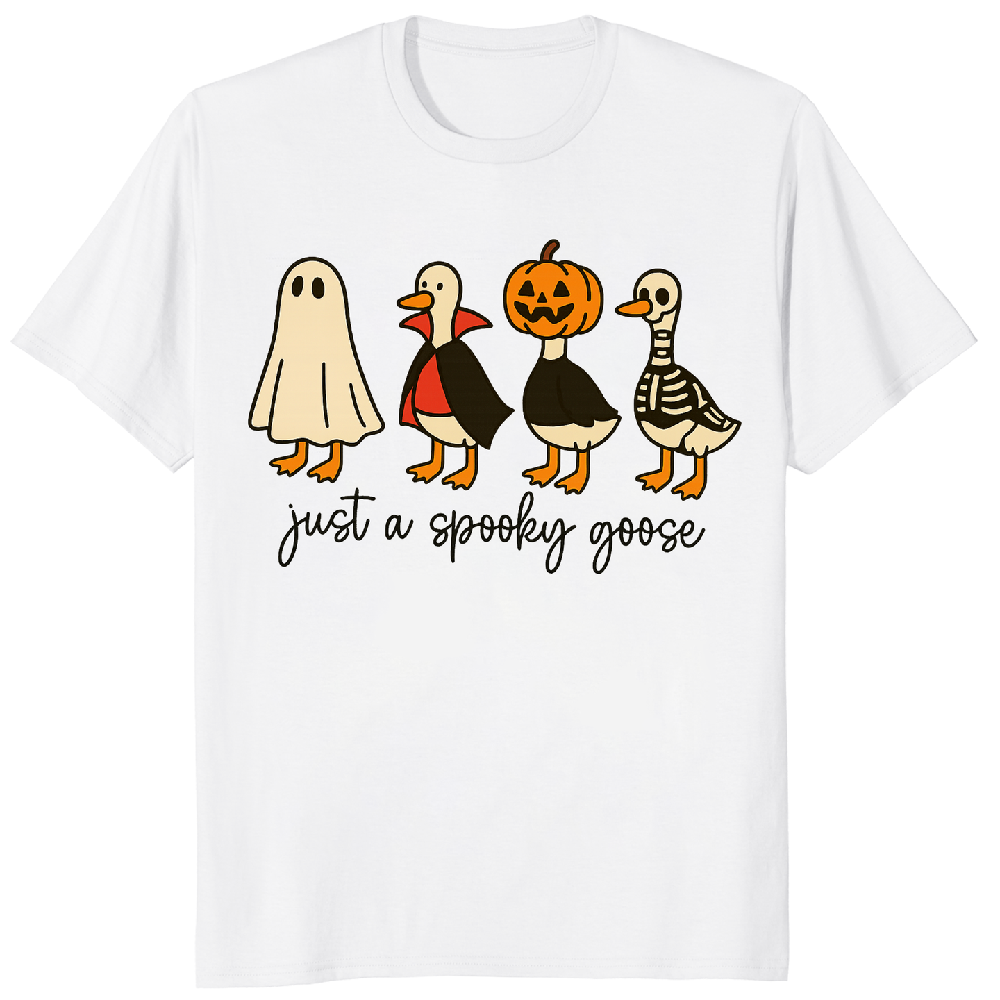 Cuccico Just a Spooky Goose graphic tee in white with Cute Horror Goose in Halloween Costumes Sublimation design