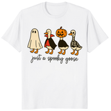 Cuccico Just a Spooky Goose graphic tee in white with Cute Horror Goose in Halloween Costumes Sublimation design