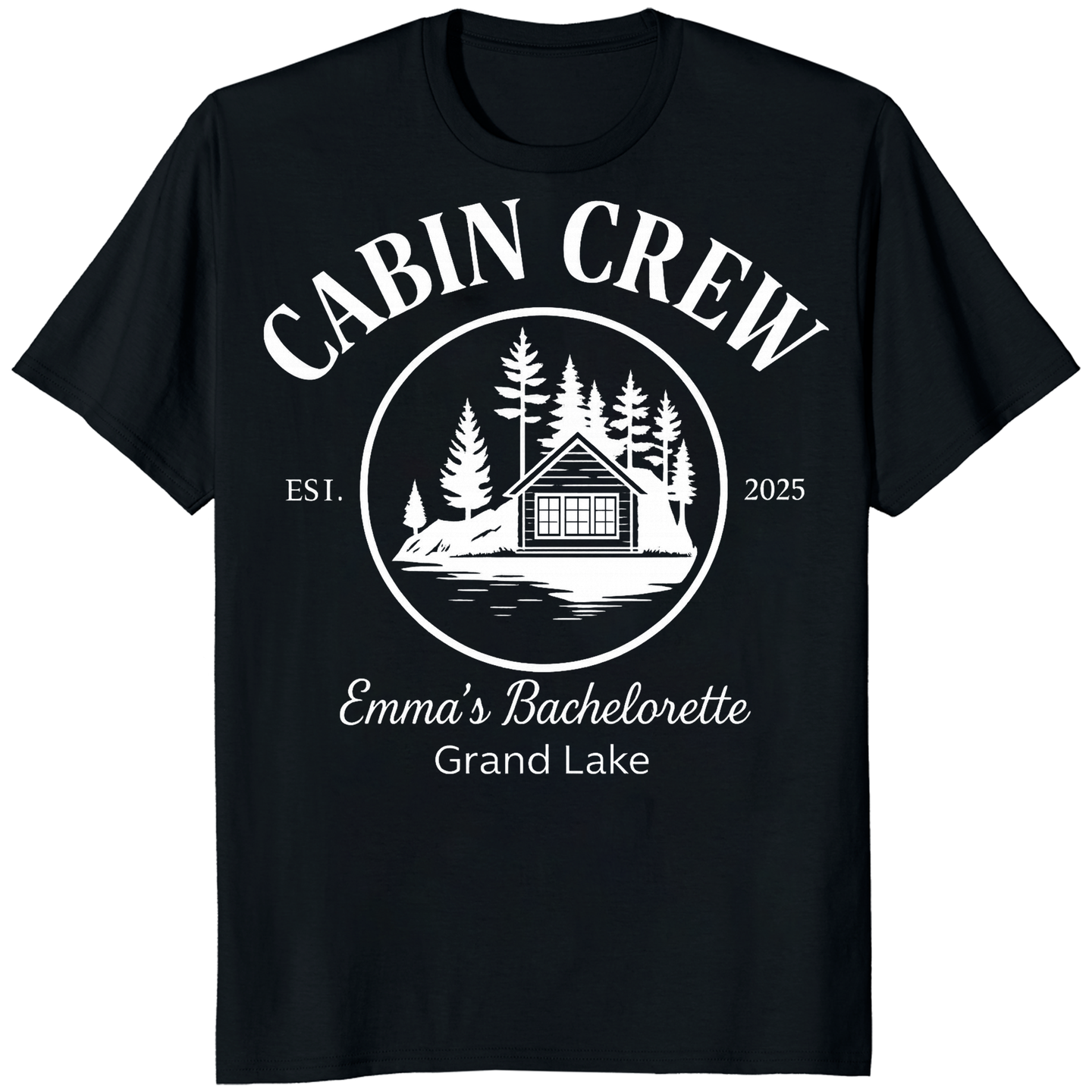 Cuccico custom camp cabin bachelorette shirt in black with personalized design