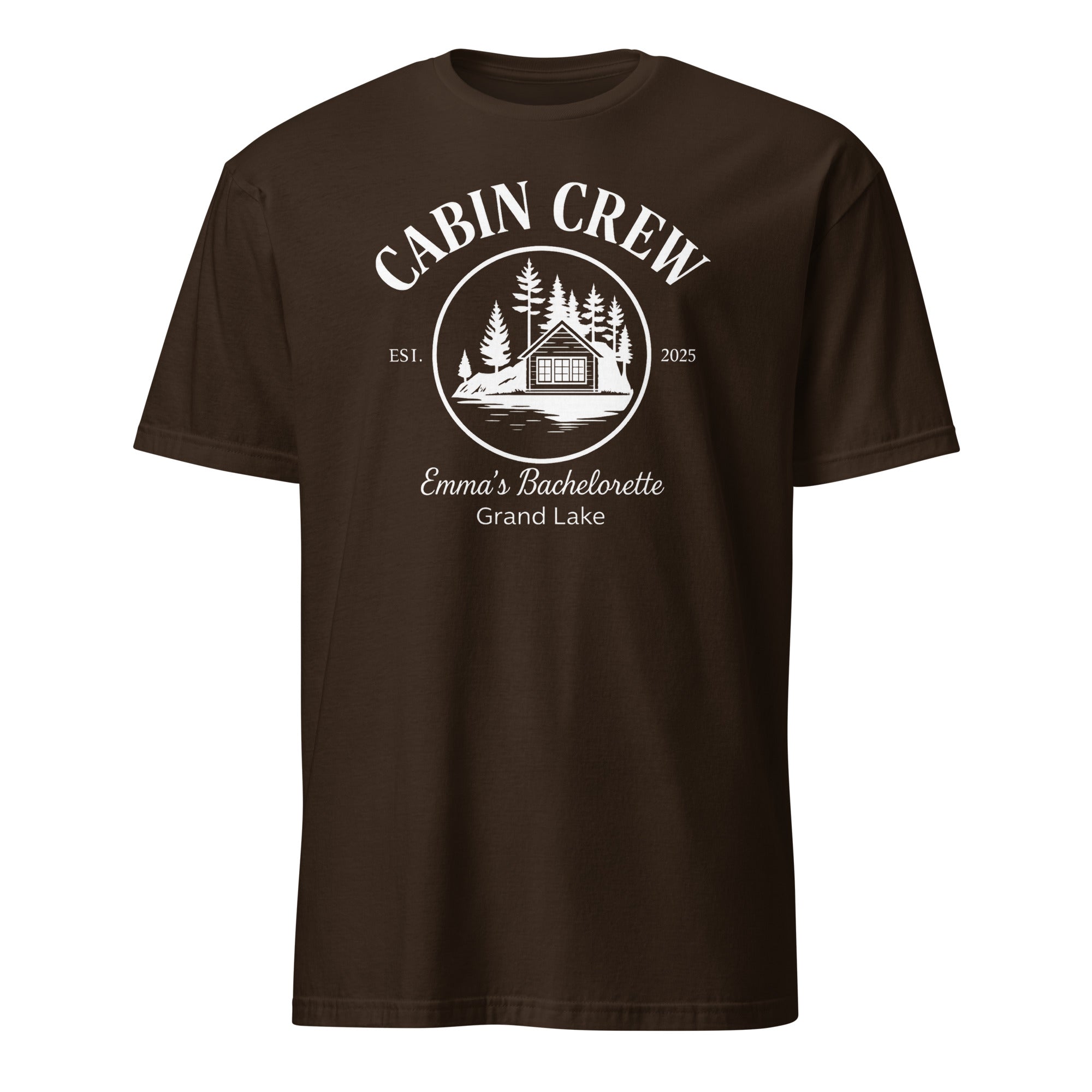 Cuccico custom camp cabin bachelorette shirt in dark chocolate rustic theme