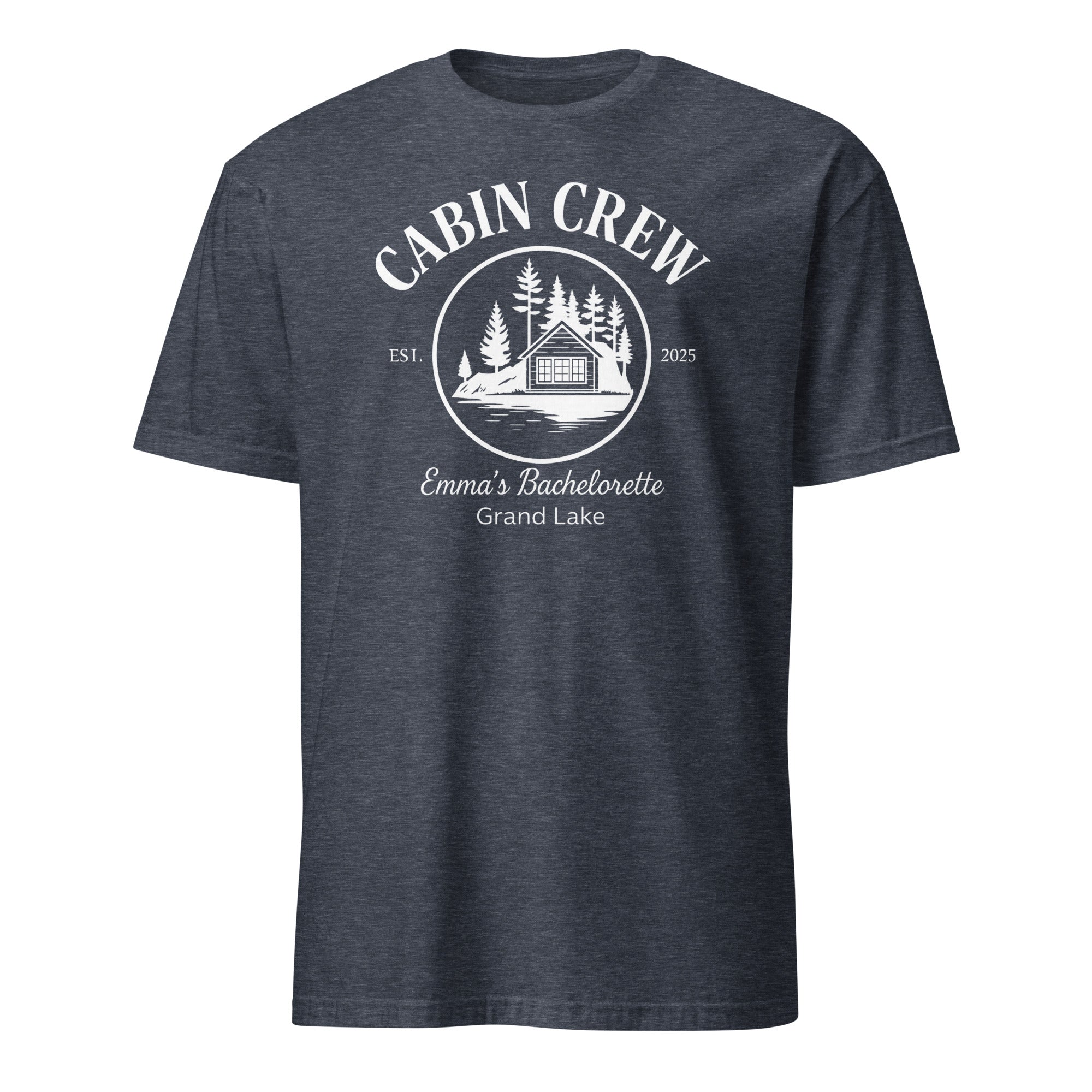 Cuccico custom camp cabin bachelorette shirt in heather navy for bridal crew