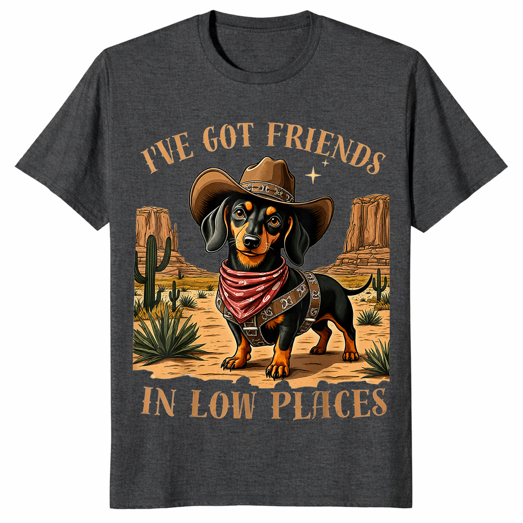Friends in low places dachshund cowboy shirt dark heather grey