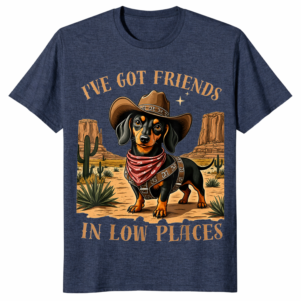 Friends in low places dachshund cowboy shirt heather navy