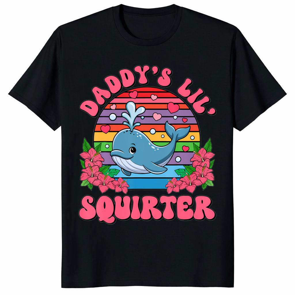 Daddy’s Lil Squirter shirt featuring cute whale retro sunset graphic