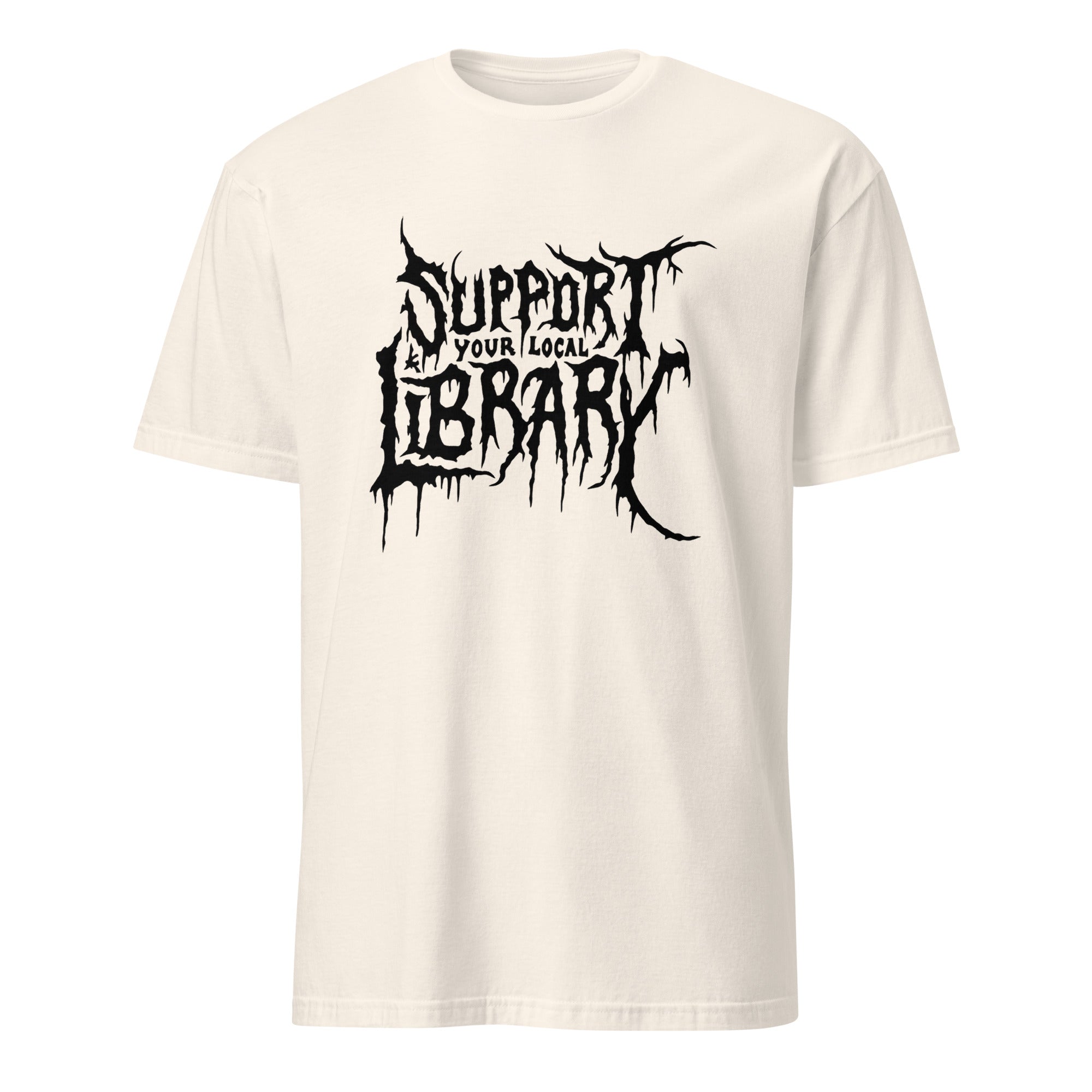 Natural Death Metal Print T-Shirt featuring Support Your Local Library by Cuccico