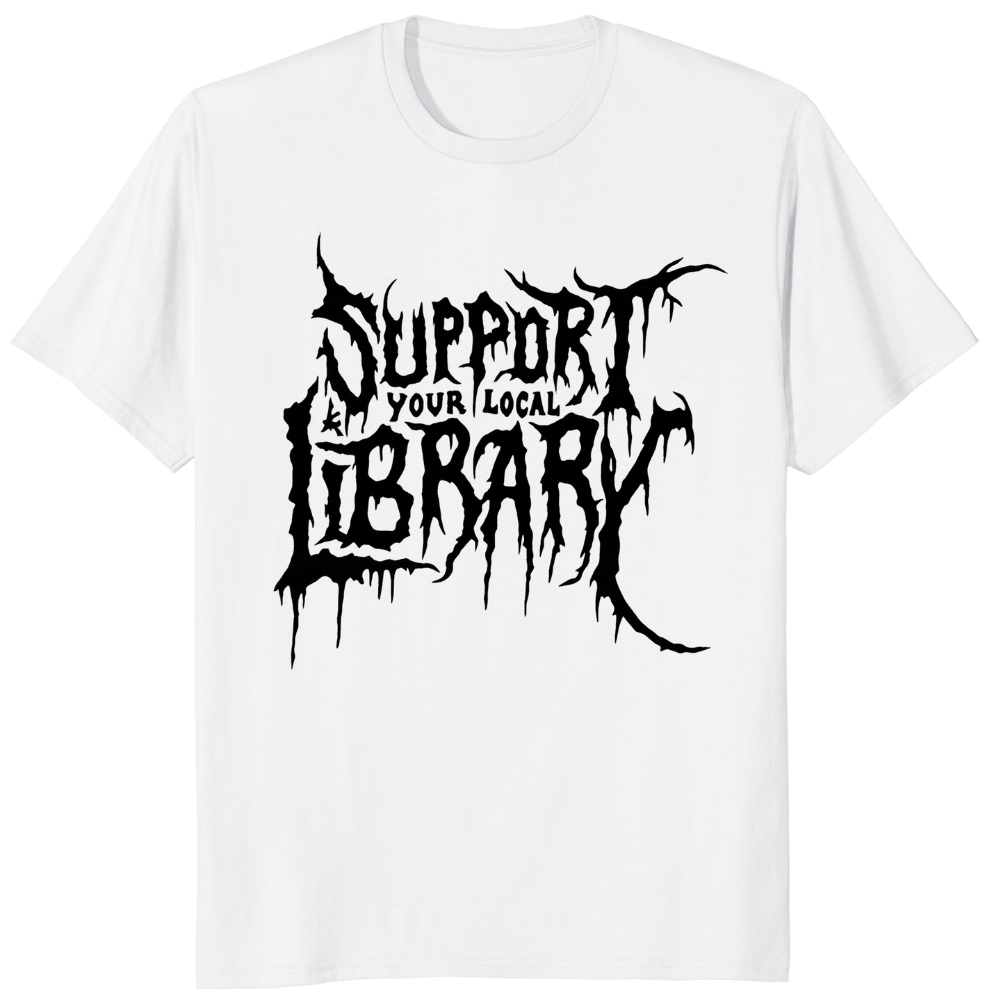 White Death Metal Print T-Shirt featuring Support Your Local Library by Cuccico
