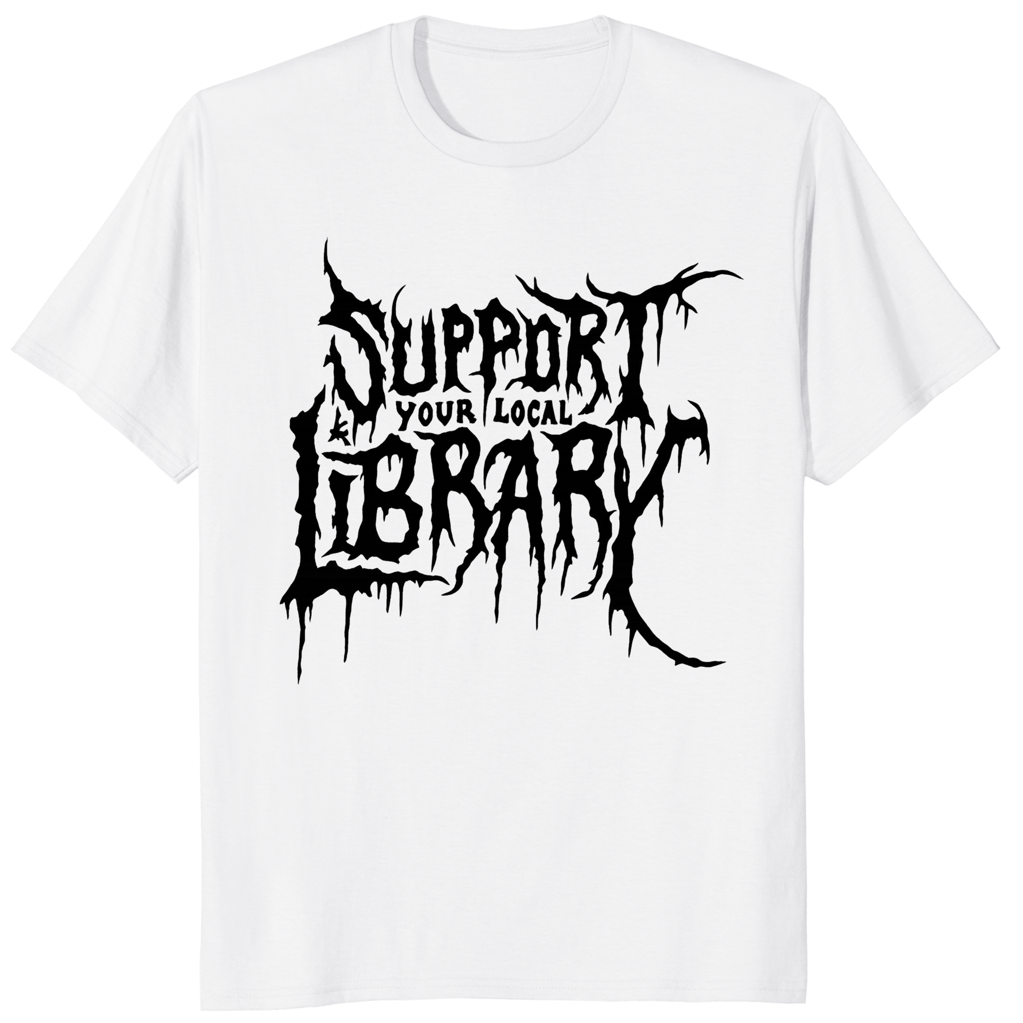 White Death Metal Print T-Shirt featuring Support Your Local Library by Cuccico