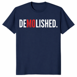 Navy Demolished Mo Baller Shirt with red and white text design