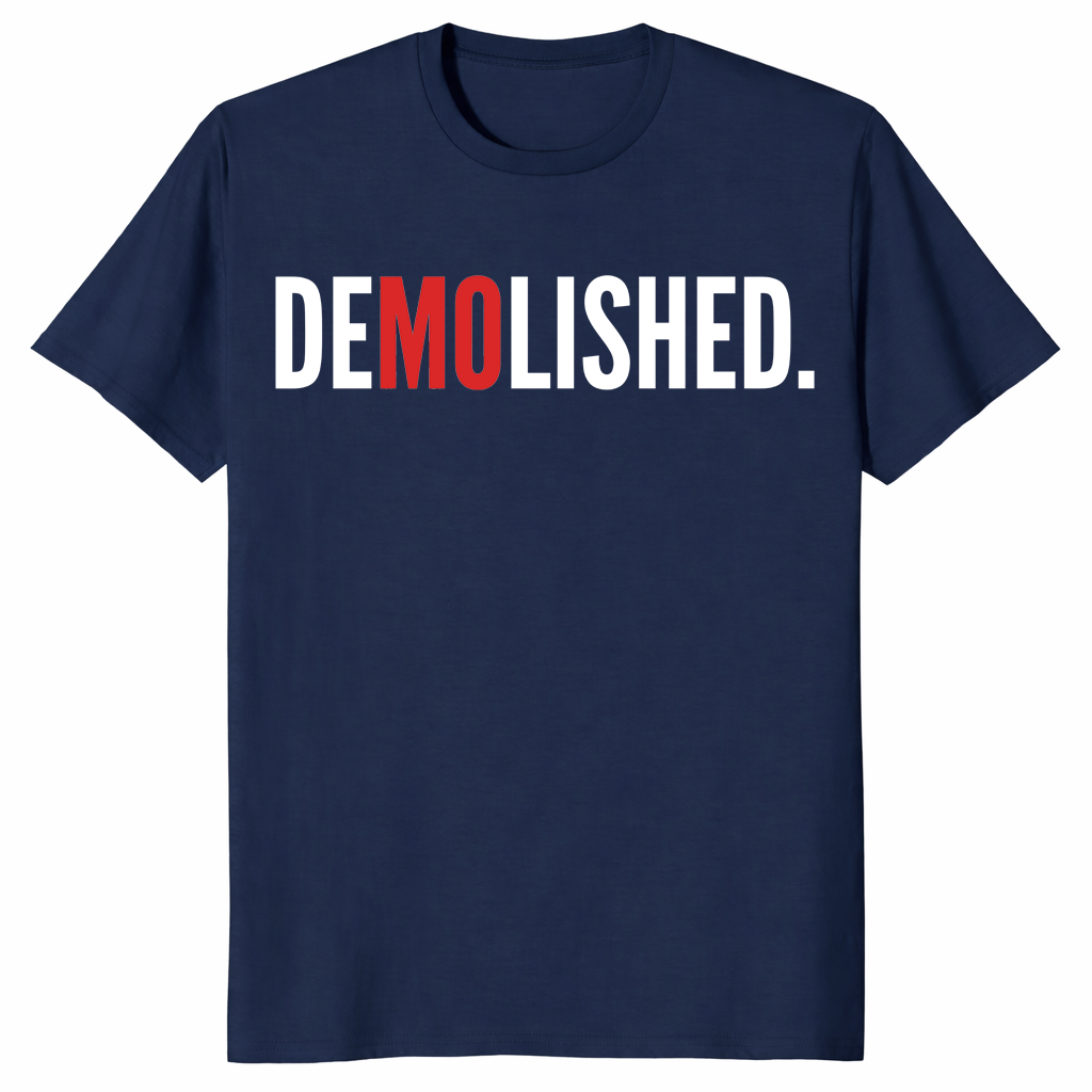 Navy Demolished Mo Baller Shirt with red and white text design