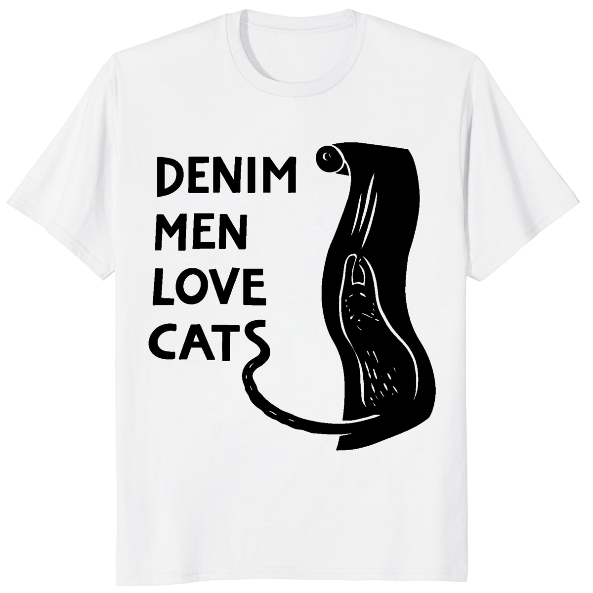 Denim Men Love Cats Shirt featuring a minimalist black cat illustration on a premium white t-shirt