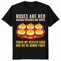 Black funny food t-shirt with a dish of deviled eggs and the poem Roses are red, mashed potatoes are white