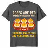 Dark heather Thanksgiving food tee with a terracotta deviled egg platter
