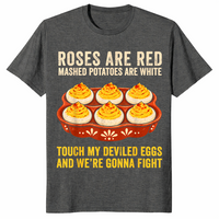 Dark heather Thanksgiving food tee with a terracotta deviled egg platter