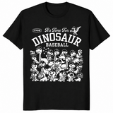 Dinosaur baseball shirt with funny dino baseball team graphic, black