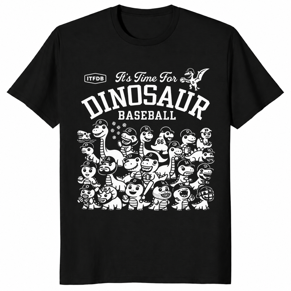 Dinosaur baseball shirt with funny dino baseball team graphic, black
