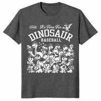 Dinosaur baseball shirt with funny dino baseball team graphic, dark heather