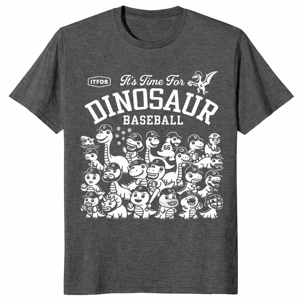 Dinosaur baseball shirt with funny dino baseball team graphic, dark heather