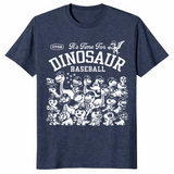 Dinosaur baseball shirt with funny dino baseball team graphic, heather navy
