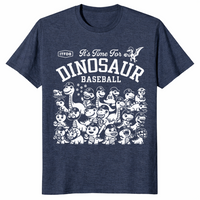 Dinosaur baseball shirt with funny dino baseball team graphic, heather navy