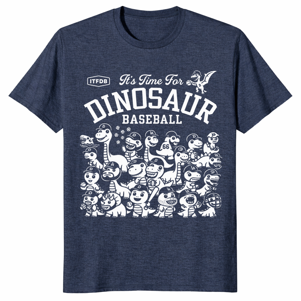 Dinosaur baseball shirt with funny dino baseball team graphic, heather navy