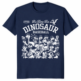 Dinosaur baseball shirt with funny dino baseball team graphic, navy