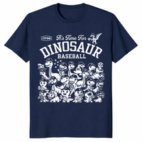 Dinosaur baseball shirt with funny dino baseball team graphic, navy