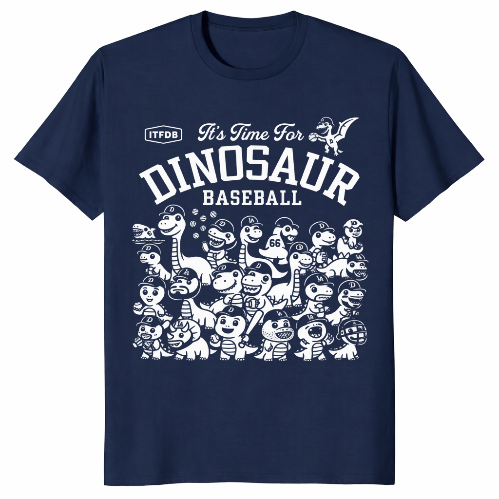 Dinosaur baseball shirt with funny dino baseball team graphic, navy